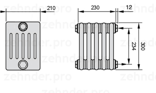 Схема (чертеж) Радиатор Zehnder Charleston 6030/5 №7610 Белый глянцевый RAL 9016